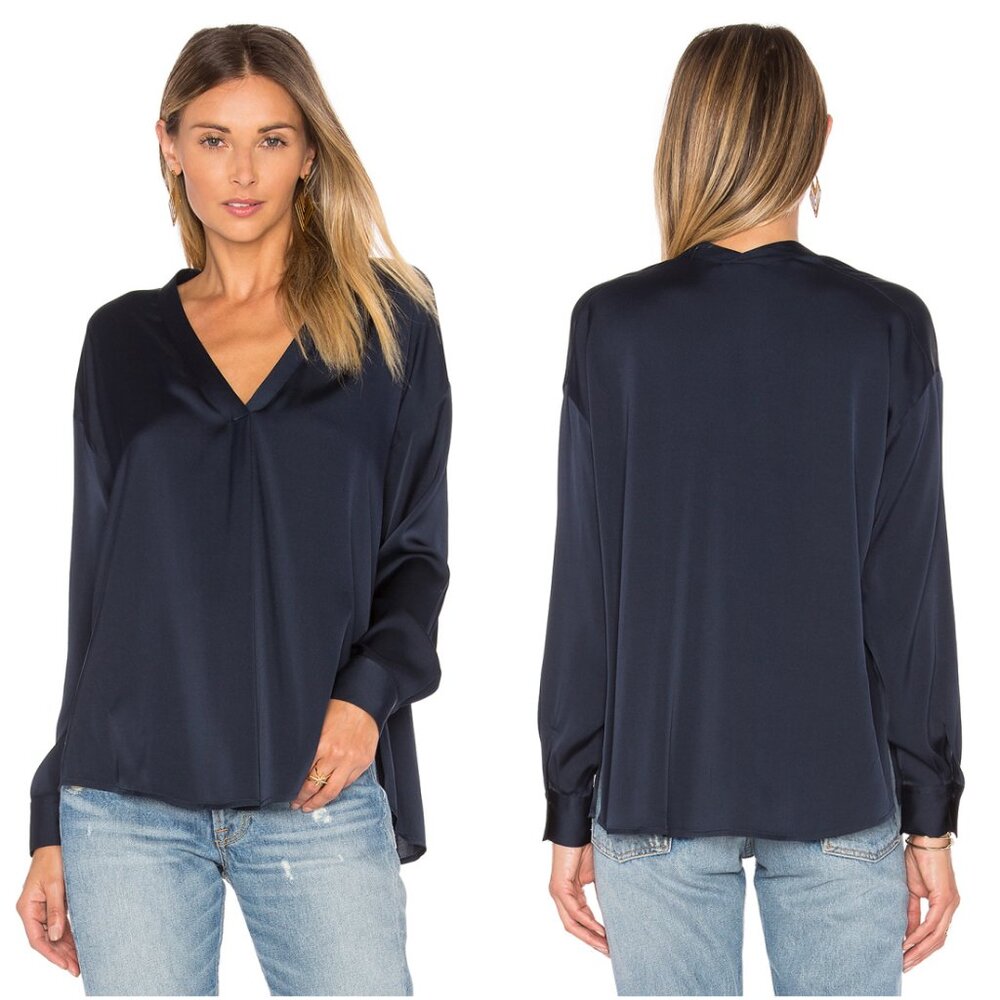 NWT Vince Crossover V-Neck Silk Blouse in Dark Navy Size 0, 2 $295